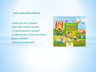 EXPLORACIÓN PREVIA



¿Sabes que es un cuento?
¿Has leído muchos cuentos?
¿Te gusta escuchar cuentos?
¿Cuáles son los cuantos que más te
gustan y porque?
¿Qué quieres aprender?
 