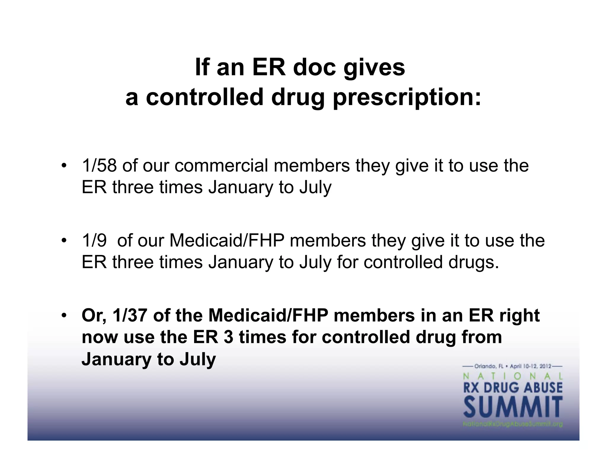 If an ER doc gives
       a controlled drug prescription:

•  1/58 of our commercial members they give it to use the
   ER three times January to July

•  1/9 of our Medicaid/FHP members they give it to use the
   ER three times January to July for controlled drugs.

•  Or, 1/37 of the Medicaid/FHP members in an ER right
   now use the ER 3 times for controlled drug from
   January to July
 
