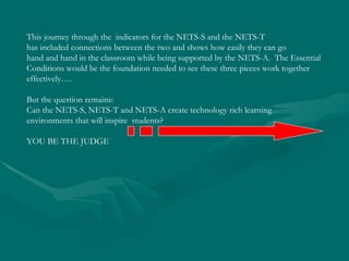 This journey through the  indicators for the NETS-S and the NETS-T has included connections between the two and shows how easily they can go  hand and hand in the classroom while being supported by the NETS-A.  The Essential Conditions would be the foundation needed to see these three pieces work together effectively…. But the question remains:  Can the NETS-S, NETS-T and NETS-A create technology rich learning  environments that will inspire  students? YOU BE THE JUDGE 