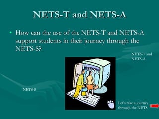 NETS-T and NETS-A How can the use of the NETS-T and NETS-A support students in their journey through the NETS-S?  NETS-S NETS-T and NETS-A Let’s take a journey through the NETS 