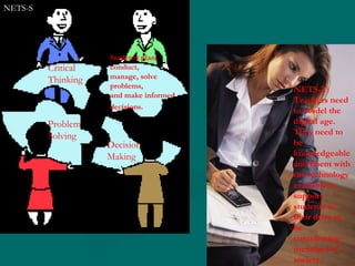 Critical  Thinking Problem Solving Decision Making Students plan,  conduct,  manage, solve problems, and make informed  decisions.   NETS-S NETS-T: Teachers need to model the digital age. They need to be knowledgeable and fluent with the technology available to support students in their drive to be contributing members of society.  