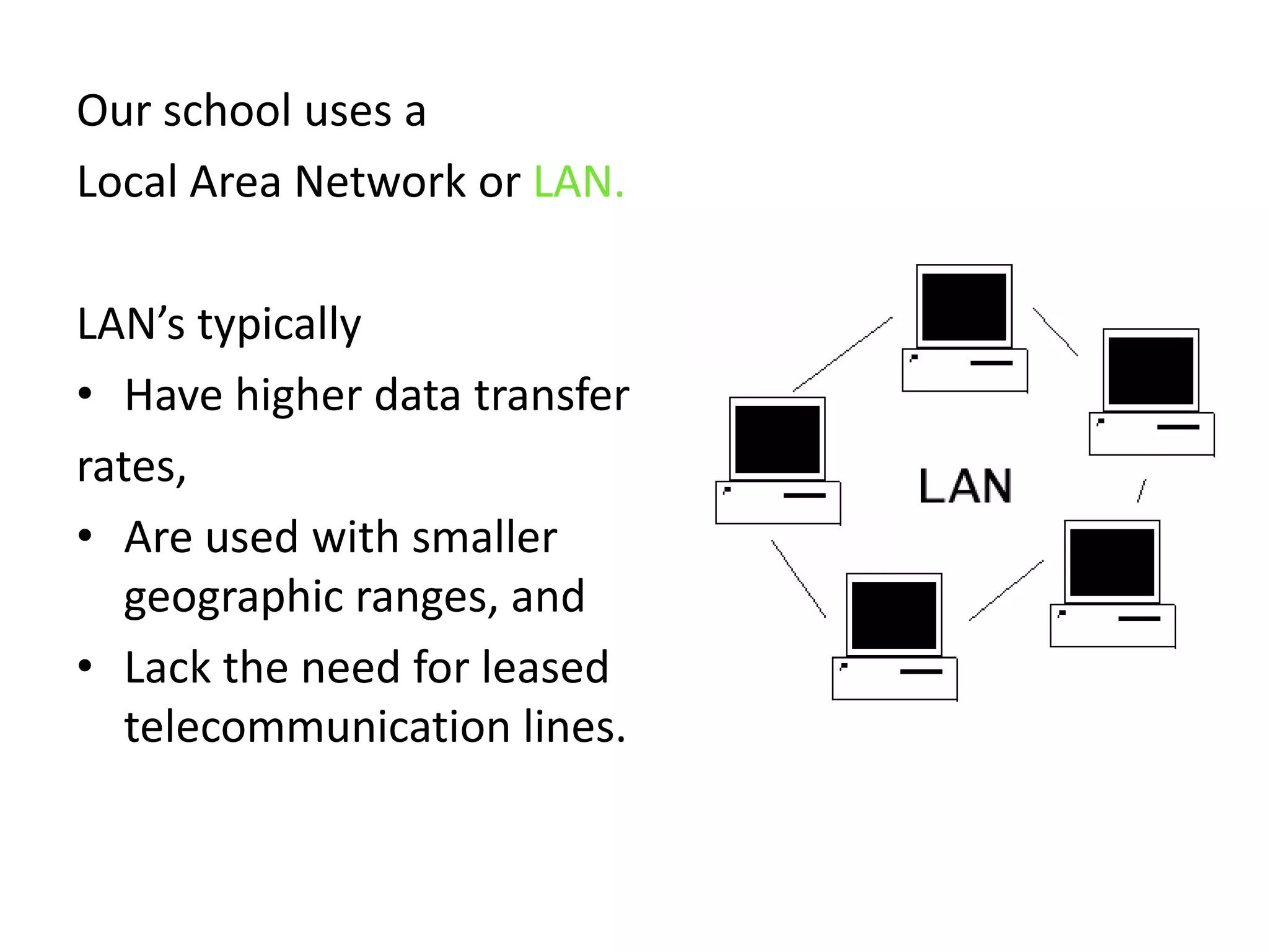 Our school uses a Local Area Network or LAN. LAN’s typically Have higher data transferrates, Are used with smaller geographic ranges, and Lack the need for leased telecommunication lines. 