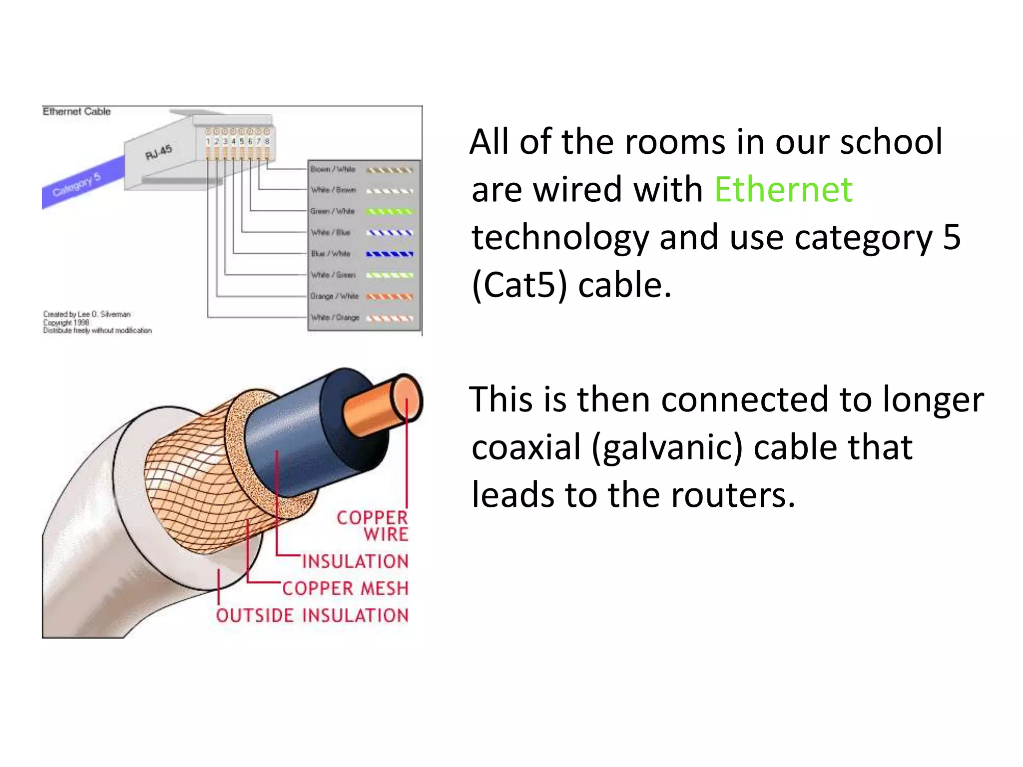     All of the rooms in our school are wired with Ethernet technology and use category 5 (Cat5) cable.     This is then connected to longer coaxial (galvanic) cable that leads to the routers. 