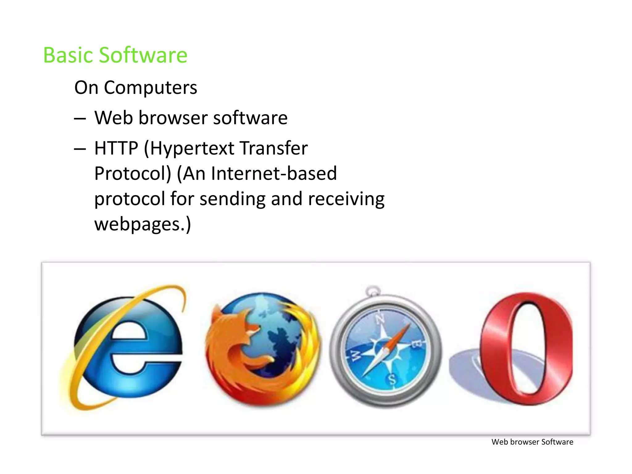 Basic SoftwareOn ComputersWeb browser softwareHTTP (Hypertext Transfer Protocol) (An Internet-based protocol for sending and receiving webpages.)Web browser Software