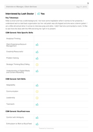 Aug 17, 2016Interview w/ Manager, Client Services
Interviewed by Leah Doctor Yes
Key Takeaways
Kelly is smart and has a solid background. I do have some trepidation when it comes to her presence. I
understand we're a laid back organization but her nail polish was all chipped and she wore a denim jacket- I
am a little old school when it comes to interview prep and attire. I didn't feel she commanded a room, I'd like
to see how she does with the HW and bring her right in to present.
CSM General: Role Specific Skills
Analytical Thinking
Client Experience/Account
Management
Creativity/Resourceful
Problem Solving
Strategic Thinking/StoryTelling
Understanding of Digital Media
and Content Marketing
CSM General: Soft Skills
Adaptability
Communication
Leadership
Teamwork
CSM General: BuzzFeed-ness
Comfort with Ambiguity
Enthusiasm to Work at BuzzFeed
5
Powered by Greenhouse
 