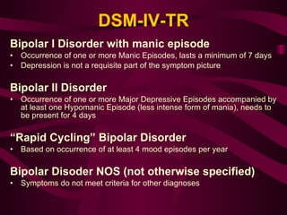 DSM-IV-TR Bipolar I Disorder with manic episode Occurrence of one or more Manic Episodes, lasts a minimum of 7 days Depression is not a requisite part of the symptom picture Bipolar II Disorder Occurrence of one or more Major Depressive Episodes accompanied by at least one Hypomanic Episode (less intense form of mania), needs to be present for 4 days “ Rapid Cycling” Bipolar Disorder Based on occurrence of at least 4 mood episodes per year Bipolar Disoder NOS (not otherwise specified) Symptoms do not meet criteria for other diagnoses 