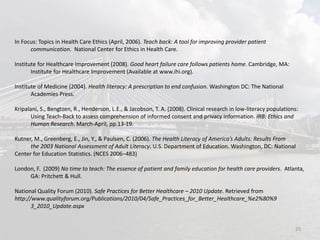 In Focus: Topics in Health Care Ethics (April, 2006). Teach back: A tool for improving provider patient
communication. National Center for Ethics in Health Care.
Institute for Healthcare Improvement (2008). Good heart failure care follows patients home. Cambridge, MA:
Institute for Healthcare Improvement (Available at www.ihi.org).
Institute of Medicine (2004). Health literacy: A prescription to end confusion. Washington DC: The National
Academies Press.
Kripalani, S., Bengtzen, R., Henderson, L.E., & Jacobson, T. A. (2008). Clinical research in low-literacy populations:
Using Teach-Back to assess comprehension of informed consent and privacy information. IRB: Ethics and
Human Research. March-April, pp.13-19.
Kutner, M., Greenberg, E., Jin, Y., & Paulsen, C. (2006). The Health Literacy of America’s Adults: Results From
the 2003 National Assessment of Adult Literacy. U.S. Department of Education. Washington, DC: National
Center for Education Statistics. (NCES 2006–483)
London, F. (2009) No time to teach: The essence of patient and family education for health care providers. Atlanta,
GA: Pritchett & Hull.
National Quality Forum (2010). Safe Practices for Better Healthcare – 2010 Update. Retrieved from
http://www.qualityforum.org/Publications/2010/04/Safe_Practices_for_Better_Healthcare_%e2%80%9
3_2010_Update.aspx
25
 