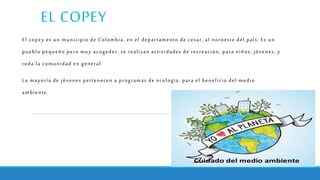 EL COPEY
El copey es un municipio de Colombia, en el departamento de cesar, al noroeste del país. Es un
pueblo pequeño pero muy acogedor, se realizan actividades de recreación, para niños, jóvenes, y
toda la comunidad en general.
La mayoría de jóvenes pertenecen a programas de ecología, para el beneficio del medio
ambiente.
 
