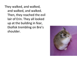 They walked, and walked, and walked, and walked. Then, they reached the evil lair of Erin. They all looked up at the building in fear, Ekofisk trembling on Bre’s shoulder. 