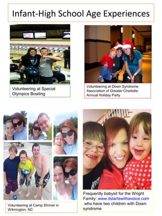 Infant-High School Age Experiences
Volunteering at Special
Olympics Bowling
Frequently babysit for the Wright
Family: www.itstartswithavoice.com
who have two children with Down
syndrome
Volunteering at Down Syndrome
Association of Greater Charlotte
Annual Holiday Party
Volunteering at Camp Shriver in
Wilmington, NC
 