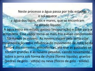 Neste processo a água passa por três estados:  o sol aquece  a água dos lagos, rios e mares, que se encontram  no estado líquido.  A água entra em estado gasoso (evaporação) e sobe para a atmosfera. Esse vapor torna-se mais frio e mais condensado formando as nuvens. As nuvens viajam pela terra cuja movimentação sofre influência do movimento de rotação da Terra e das correntes atmosféricas, até que as gotículas se tornam grandes e as nuvens pesadas, caindo novamente sobre a terra sob forma de chuva (forma líquida), granizo (pedras de gelo - sólida) ou neve (flocos de gelo - sólida).  