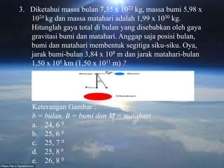 3. Diketahui massa bulan 7,35 x 1022 kg, massa bumi 5,98 x
   1024 kg dan massa matahari adalah 1,99 x 1030 kg.
   Hitunglah gaya total di bulan yang disebabkan oleh gaya
   gravitasi bumi dan matahari. Anggap saja posisi bulan,
   bumi dan matahari membentuk segitiga siku-siku. Oya,
   jarak bumi-bulan 3,84 x 108 m dan jarak matahari-bulan
   1,50 x 108 km (1,50 x 1011 m) ?




    Keterangan Gambar :
    b = bulan, B = bumi dan M = matahari
    a. 24, 6 0
    b. 25, 6 0
    c. 25, 7 0
    d. 25, 8 0
    e. 26, 8 0
 