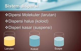 Dipersi Molekuler (larutan)
Dispersi halus (koloid)
Disperi kasar (suspensi)
Sistem dispersi
Larutan Koloid Suspe
 