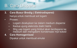 3. Cara Busur Bredig ( Elektrodispersi)
hanya untuk membuat sol logam
• Proses :
– Logam dicelupkan ke dalam medium disperrsi
– Kedua ujung elekroda dialiri listrik
– Shg uap logam yang timbul akan terdispersi ke
medium dan mengalami kondensasi mjd koloid
4. Cara Homogenisasi
Dipakai untuk membuat emulsi
B. Cara Dispersi
 