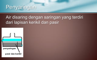 Air disaring dengan saringan yang terdiri
dari lapisan kerikil dan pasir
Penyaringan
 