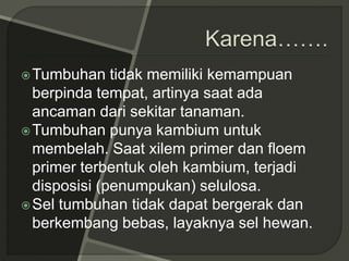 Tumbuhan tidak memiliki kemampuan
berpinda tempat, artinya saat ada
ancaman dari sekitar tanaman.
Tumbuhan punya kambium untuk
membelah. Saat xilem primer dan floem
primer terbentuk oleh kambium, terjadi
disposisi (penumpukan) selulosa.
Sel tumbuhan tidak dapat bergerak dan
berkembang bebas, layaknya sel hewan.
 