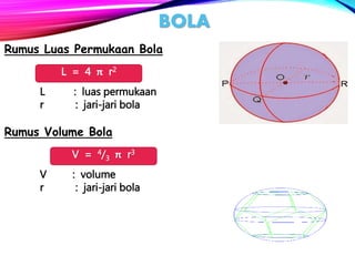 BOLA
Rumus Luas Permukaan Bola
L : luas permukaan
r : jari-jari bola
Rumus Volume Bola
V : volume
r : jari-jari bola
L = 4 π r2
V = 4/3 π r3
 