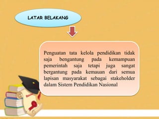LATAR BELAKANG
Penguatan tata kelola pendidikan tidak
saja bengantung pada kemampuan
pemerintah saja tetapi juga sangat
bergantung pada kemauan dari semua
lapisan masyarakat sebagai stakeholder
dalam Sistem Pendidikan Nasional
 