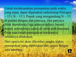 Untuk melaksanakan pemupukan pada waktu
yang tepat, dapat digunakan radioisotop Nitrogen
– 15 ( N – 15 ). Pupuk yang mengandung N – 15
di pantau dengan alat pancaca. Jika pancaca
tidak mendeteksi lagi adanya radiasi, berarti
pupuk sepenuhnya sudah di serap oleh tanaman.
Pada saat itulah pemupukan berikutnya
sebaiknya dilakukan.
Dari upaya ini akan diketahui jangka waktu
pemupukan yang diperlukan dan sesuai dengan
usia tanaman.

12

 