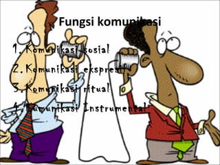Fungsi komunikasi
1. Komunikasi sosial
2. Komunikasi ekspresif
3. Komunikasi ritual
4.Kumunikasi Instrumental
 