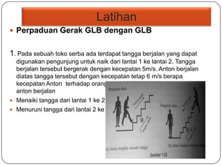Latihan
 Perpaduan Gerak GLB dengan GLB
1. Pada sebuah toko serba ada terdapat tangga berjalan yang dapat
digunakan pengunjung untuk naik dari lantai 1 ke lantai 2. Tangga
berjalan tersebut bergerak dengan kecepatan 5m/s. Anton berjalan
diatas tangga tersebut dengan kecepatan tetap 6 m/s berapa
kecepatan Anton terhadap orang yang diam dibawah tangga. Jika
anton berjalan
 Menaiki tangga dari lantai 1 ke 2
 Menuruni tangga dari lantai 2 ke 1
 