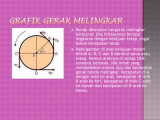  Benda dikatakan bergerak melingkar
beraturan jika lintasannya berupa
lingkaran dengan kelajuan tetap,.ingat
bukan kecepatan tetap
 Pada gambar di atas kelajuan materi
dititik A, B, C dan D bernilai sama atau
tetap. Namun arahnya di setiap titik
tersebut berbeda. Hal inilah yang
membedakan antara laju dan kecepatan
gerak benda melingkar. Kecepatan di A
dengan arah ke atas, kecepatan di titik
B arah ke kiri, kecepatan di titik C arah
ke bawah dan kecepatan di D arah ke
kanan.
 
