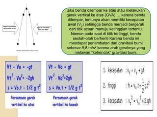 Jika benda dilempar ke atas atau melakukan
gerak vertikal ke atas (GVA) … karena benda
dilempar, tentunya akan memiliki kecepatan
awal (V0) sehingga benda menjadi bergerak
dari titik acuan menuju ketinggian tertentu.
Namun pada saat di titik tertinggi, benda
seolah-olah berhenti Karena benda ini
mendapat perlambatan dari gravitasi bumi
sebesar 9,8 m/s2 karena arah geraknya yang
melawan “kehendak” gravitasi bumi.
 