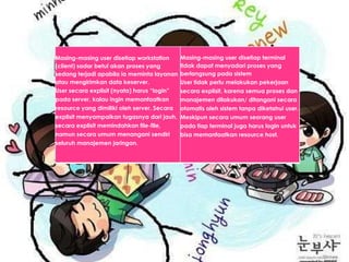 Masing-masing user disetiap workstation
(client) sadar betul akan proses yang
sedang terjadi apabila ia meminta layanan
atau mengirimkan data keserver.
User secara explisit (nyata) harus “login”
pada server, kalau ingin memanfaatkan
resource yang dimiliki oleh server. Secara
explisit menyampaikan tugasnya dari jauh,
secara explisit memindahkan file-file,
namun secara umum menangani sendiri
seluruh manajemen jaringan.

Masing-masing user disetiap terminal
tidak dapat menyadari proses yang
berlangsung pada sistem
User tidak perlu melakukan pekerjaan

secara explisit, karena semua proses dan
manajemen dilakukan/ ditangani secara
otomatis oleh sistem tanpa diketahui user.
Meskipun secara umum seorang user
pada tiap terminal juga harus login untuk
bisa memanfaatkan resource host.

 