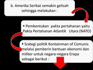 b. Amerika Serikat semakin gelisah
sehingga melakukan :
 Pembentukan pakta pertahanan yaitu
Pakta Pertahanan Atlantik Utara (NATO)
 Srategi politik Kontainman of Comunis
melalui pemberin bantuan ekonomi dan
militer untuk negara-negara Eropa
sebagai berikut :
 