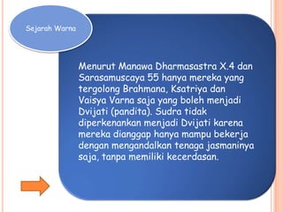 Sejarah Warna
Menurut Manawa Dharmasastra X.4 dan
Sarasamuscaya 55 hanya mereka yang
tergolong Brahmana, Ksatriya dan
Vaisya Varna saja yang boleh menjadi
Dvijati (pandita). Sudra tidak
diperkenankan menjadi Dvijati karena
mereka dianggap hanya mampu bekerja
dengan mengandalkan tenaga jasmaninya
saja, tanpa memiliki kecerdasan.
 