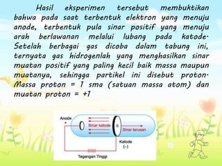 Hasil eksperimen tersebut membuktikan
bahwa pada saat terbentuk elektron yang menuju
anode, terbentuk pula sinar positif yang menuju
arah berlawanan melalui lubang pada katode.
Setelah berbagai gas dicoba dalam tabung ini,
ternyata gas hidrogenlah yang menghasilkan sinar
muatan positif yang paling kecil baik massa maupun
muatanya, sehingga partikel ini disebut proton.
Massa proton = 1 sma (satuan massa atom) dan
muatan proton = +1
 