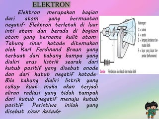 ELEKTRON
Elektron merupakan bagian
dari atom yang bermuatan
negatif. Elektron terletak di luar
inti atom dan berada di bagian
atom yang bernama kulit atom.
Tabung sinar katode ditemukan
oleh Karl Ferdinand Braun yang
terbuat dari tabung hampa yang
dialiri arus listrik searah dari
kutub positif yang disebut anode
dan dari kutub negatif katode.
Bila tabung dialiri listrik yang
cukup kuat maka akan terjadi
aliran radiasi yang tidak tampak
dari kutub negatif menuju kutub
positif. Peristiwa inilah yang
disebut sinar katode.
 