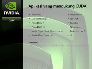 Aplikasi yang mendukung CUDA
• FaceWorks
• DenoiseMyImage
• PowerDVD 9
• PowerDVD 10
• Media Player Classic Home Cinema
• Adobe Flash Player 10.0
• MediaShow 5
• 3D Coat
• Nebula 3
• Nero Move it
• PowerDirector 7
• dll
Sumber :
http://www.geforce.com/hardware/technology/cuda/applications
 