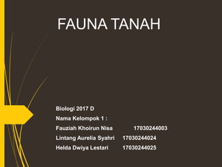 FAUNA TANAH
Biologi 2017 D
Nama Kelompok 1 :
Fauziah Khoirun Nisa 17030244003
Lintang Aurelia Syahri 17030244024
Helda Dwiya Lestari 17030244025
 