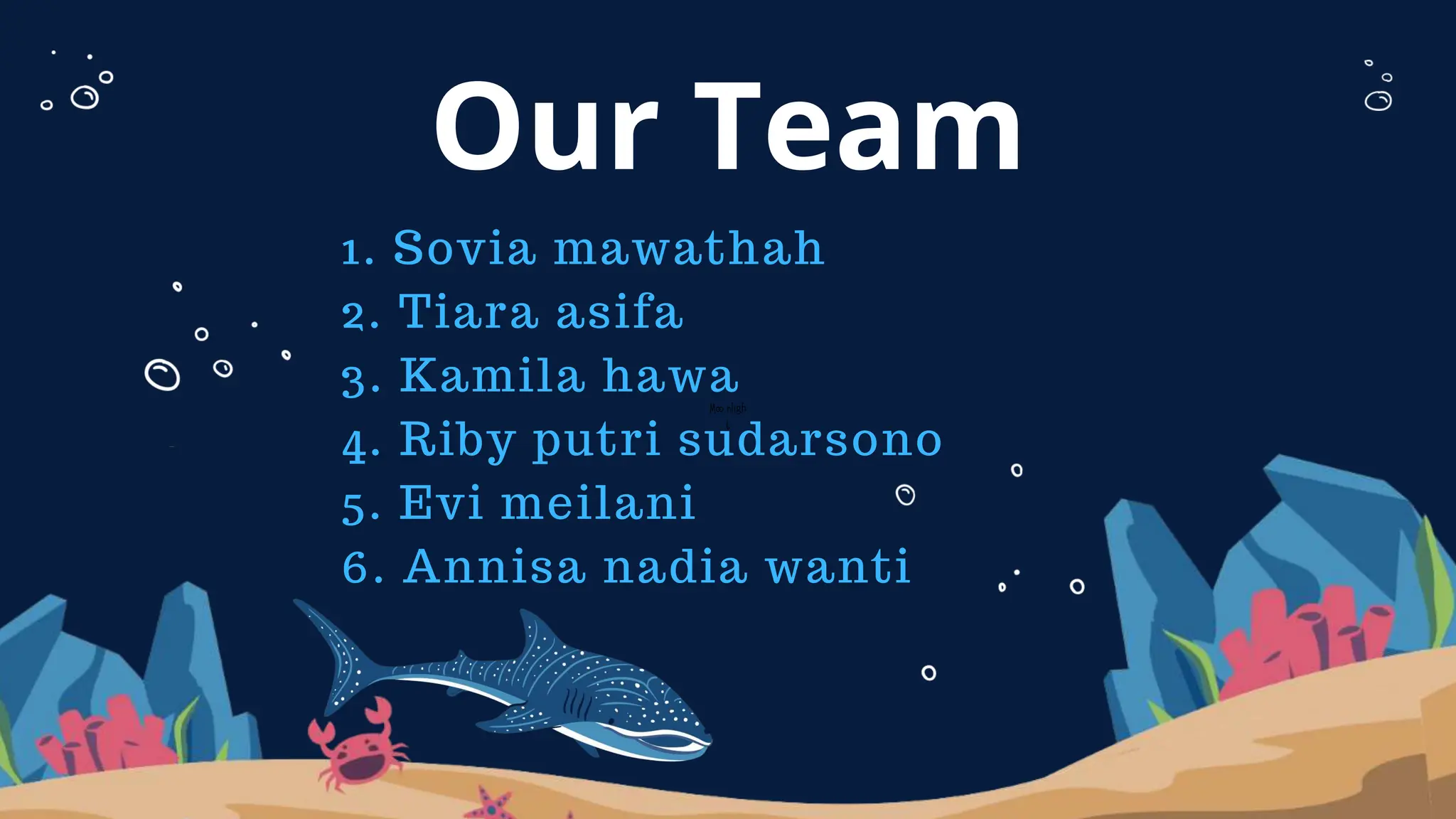 Our Team
1. Sovia mawathah
2. Tiara asifa
3. Kamila hawa
4. Riby putri sudarsono
5. Evi meilani
6. Annisa nadia wanti
 