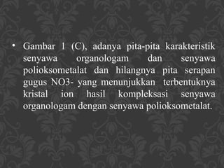 • Gambar 1 (C), adanya pita-pita karakteristik
senyawa organologam dan senyawa
polioksometalat dan hilangnya pita serapan
gugus NO3- yang menunjukkan terbentuknya
kristal ion hasil kompleksasi senyawa
organologam dengan senyawa polioksometalat.
 