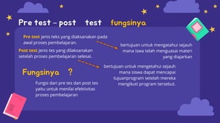 Fungsi dari pre tes dan post tes
yaitu untuk menilai efektivitas
proses pembelajaran
Pre test – post test fungsinya
Pre test jenis teks yang diaksanakan pada
awal proses pembelajaran.
Post test jenis tes yang dilaksanakan
setelah proses pembelajaran selesai.
bertujuan untuk mengatahui sejauh
mana iswa telah menguasai materi
yang diajarkan
bertujuan untuk mengetahui sejauh
mana siswa dapat mencapai
tujuanprogram setelah mereka
mengikuti program tersebut.
Fungsinya ?
 