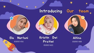 Introducing Our team
Ela Nurfani
858901456
858901463
858901488
Kristin Dwi
Pratiwi
Alfina
 