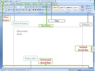 Office
Button                                       Title
         Quick Access                                    Ribbon
                                Tab Menu

            Document
            Area




                                                      Vertikal
                                                     Scroll Bar


                   Status Bar
                                Horisontal
                                Scroll Bar
 