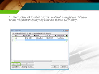 11. Kemudian klik tombol OK, dan mulailah mengisikan datanya.
Untuk menambah data yang baru klik tombol New Entry.
 