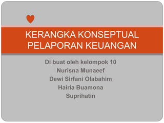 Di buat oleh kelompok 10
Nurisna Munaeef
Dewi Sirfani Olabahim
Hairia Buamona
Suprihatin
KERANGKA KONSEPTUAL
PELAPORAN KEUANGAN
 