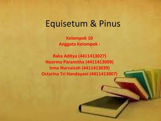 Equisetum & Pinus 
Kelompok 10 
Anggota Kelompok : 
Raka Aditya (4411413027) 
Noorma Paramitha (4411413009) 
Isma Nurvaizah (4411413039) 
Octarina Tri Handayani (4411413007) 
 