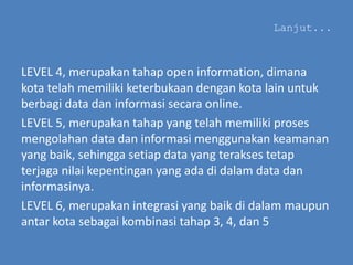 Lanjut...
LEVEL 4, merupakan tahap open information, dimana
kota telah memiliki keterbukaan dengan kota lain untuk
berbagi data dan informasi secara online.
LEVEL 5, merupakan tahap yang telah memiliki proses
mengolahan data dan informasi menggunakan keamanan
yang baik, sehingga setiap data yang terakses tetap
terjaga nilai kepentingan yang ada di dalam data dan
informasinya.
LEVEL 6, merupakan integrasi yang baik di dalam maupun
antar kota sebagai kombinasi tahap 3, 4, dan 5
 