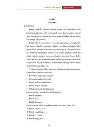 Makalah Fiqh Lughah Lahjah (Dialek)

BAB III
PENUTUP
A. Simpulan
Dialek (

) menurut Para ahli bahasa Arab adalah bahasa dan

huruf yang digunakan oleh sekelompok orang dalam rumpun tertentu
yang menyebabkan adanya perbedaan ucapan bahkan bacaan antara
satu dengan yang lainnya.
Lahjah adalah variasi bahasa berdasarkan pemakainya, dengan kata
lain lahjah (dialek) merupakan bahasa yang biasa digunakan oleh
pemakainya, yang pada dasarnya tergantung pada siapa pemakainya
itu; darimana pemakainya berasal, baik secara geografis dalam hal
dialek regional, ataupun secara sosial dalam kaitannya dengan dialek
sosial. Variasi yang dimaksud disini adalah berbeda satu sama lain,
tetapi masih banyak menunjukkan kemiripan sehingga belum pantas
disebut bahasa yang berbeda.
Terdapat beberapa faktor yang menyebabkan terjadinya perbedaan.
Faktor-faktor tersebut diantaranya:
1. Perbedaan lingkungan geografis.
2. Keberagaman kondisi sosial.
3. Insting komunikasi manusia.
4. Faktor budaya. Sejarah.
5. Politik, ekonomi, dan kekuasaan.
Macam-macam Lahjah dilihat dari bentuknya
1. Dialek Regional
2. Dialek Sosial
3. Dialek Temporal
Macam-macam lahjah (dialek) utama di Arab antara antara lain :
1. Dialek Mesir (

)

2. Dialek Magribi (

)

3. Dialek Levantine
4. Dialek Iraq (

)

14

 