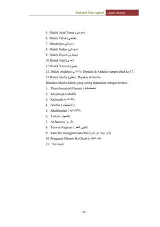 Makalah Fiqh Lughah Lahjah (Dialek)

5. Dialek Arab Timur (
6. Dialek Teluk (

)

)

7. Hassānīya (

)

8. Dialek Sudan (

)

9. Dialek Hijazi (

)

10. Dialek Najd (

)

11. Dialek Yamani (

)

12. Dialek Andalus (

) : Dipakai di Andalus sampai abad ke-17.

13. Dialek Sisilia (

) : Dipakai di Sisilia.

Diantara lahjah (dialek) yang sering digunakan sebagai berikut :
1. Thamthamaniah Humair (
2. Kasykasya (

)

)

3. Kaskasah (

)

4. Istintha (

)

5. Khalkhaniah (
6. Tashil (
7. Ar Raswu (

)

)
)

8. Tanwin Nagham (

)

9. Kata Ibir mengganti kata Ibn ((
10. Pengganti Dhamir Ha Ghaib (
11. „An‟anah

15

))
)

 