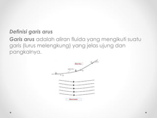 Definisi garis arus
Garis arus adalah aliran fluida yang mengikuti suatu
garis (lurus melengkung) yang jelas ujung dan
pangkalnya.
 