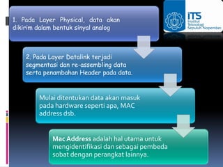 1. Pada Layer Physical, data akan
dikirim dalam bentuk sinyal analog



    2. Pada Layer Datalink terjadi
    segmentasi dan re-assembling data
    serta penambahan Header pada data.



        Mulai ditentukan data akan masuk
        pada hardware seperti apa, MAC
        address dsb.


            Mac Address adalah hal utama untuk
            mengidentifikasi dan sebagai pembeda
            sobat dengan perangkat lainnya.
 
