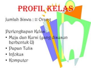 Profil Kelas
Jumlah Siswa : 11 Orang
Perlengkapan Kelas :
• Meja dan Kursi (yang disusun
berbentuk U)
• Papan Tulis
• Infokus
• Komputer
 