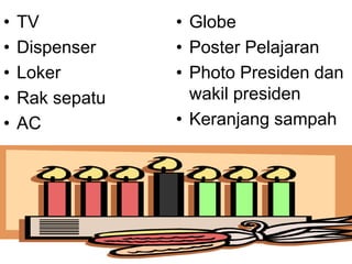 • TV
• Dispenser
• Loker
• Rak sepatu
• AC
• Globe
• Poster Pelajaran
• Photo Presiden dan
wakil presiden
• Keranjang sampah
 