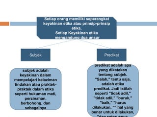 Setiap orang memiliki seperangkat
keyakinan etika atau prinsip-prinsip
etika.
Setiap Keyakinan etika
mengandung dua unsur
Subjek Predikat
subjek adalah
keyakinan dalam
mempelajari kelaziman
tindakan atau praktek-
praktek dalam etika
seperti hukuman mati,
perzinahan,
berbohong, dan
sebagainya
predikat adalah apa
yang dikatakan
tentang subjek.
"Salah," tentu saja,
adalah etika
predikat. Jadi istilah
seperti "tidak adil,"
"tidak adil," "buruk,"
"baik," "harus
dilakukan, "" hal yang
benar untuk dilakukan,
 